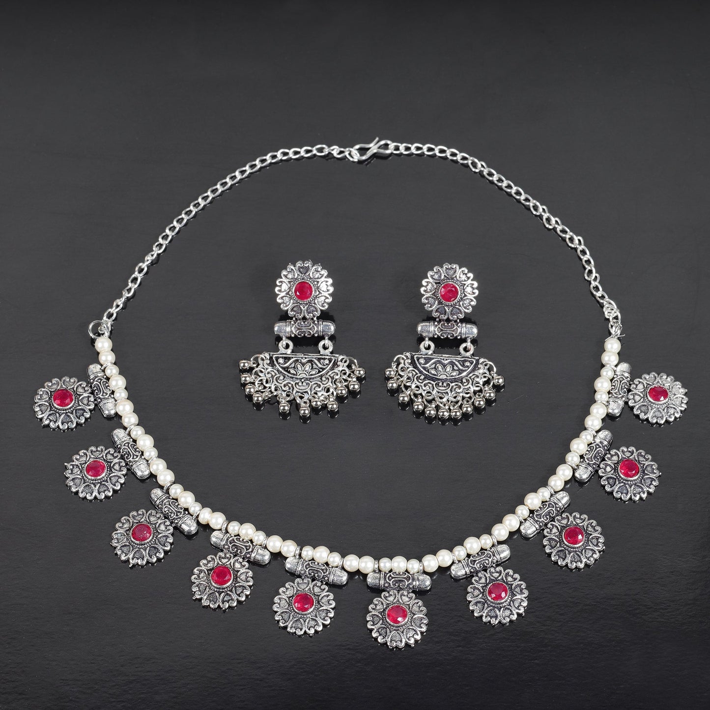 Red Stone studded German Silver Neckpiece set