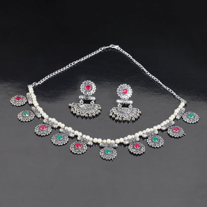 Multicolored Stone studded German Silver Neckpiece set