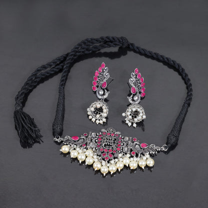 Red Stone studded German Silver Neckpiece set