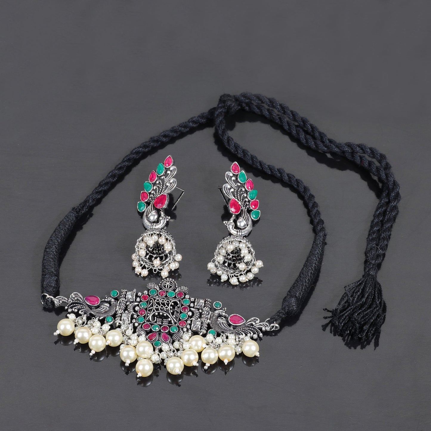 Multicolored Stone studded German Silver Neckpiece set