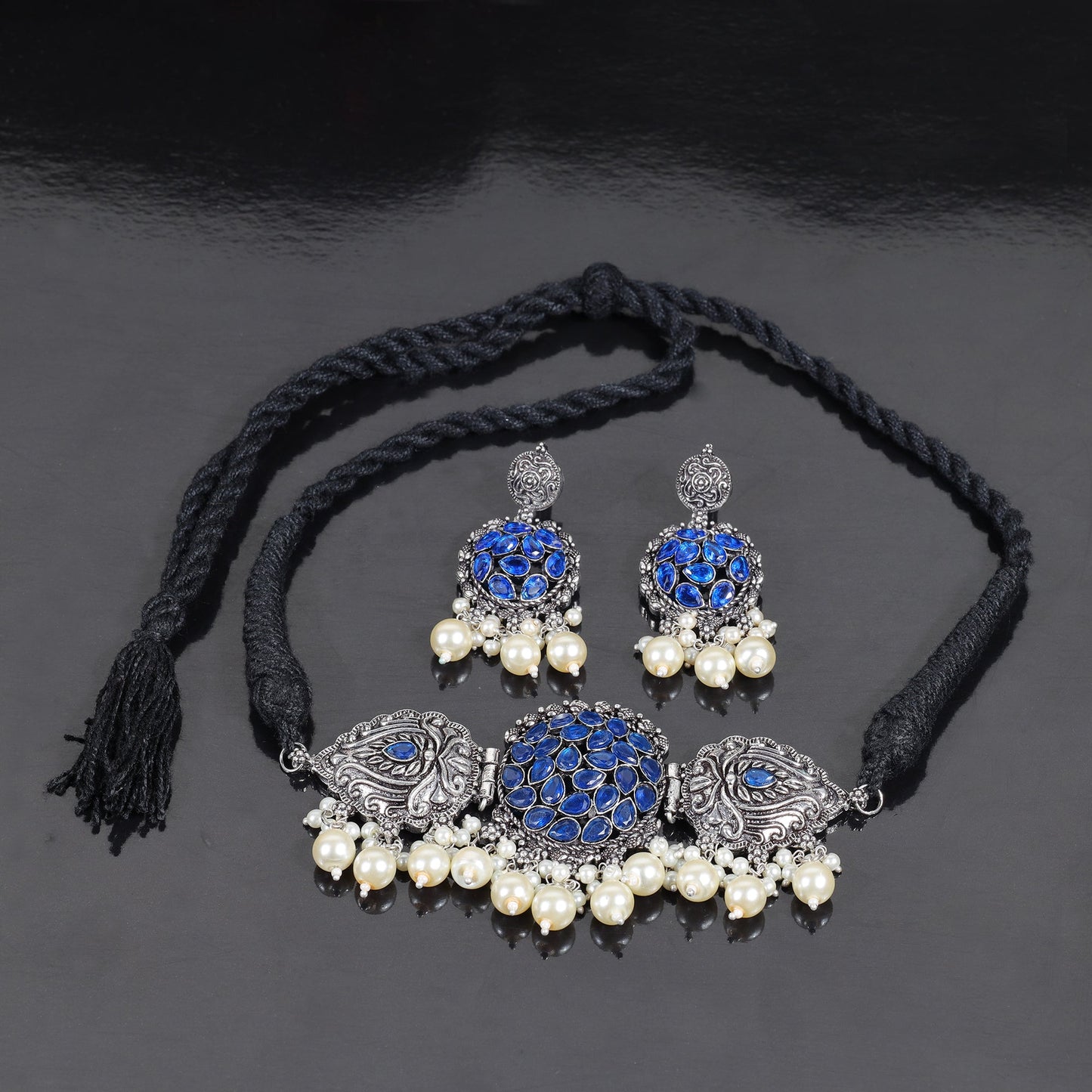 Blue Stone studded German Silver Neckpiece set