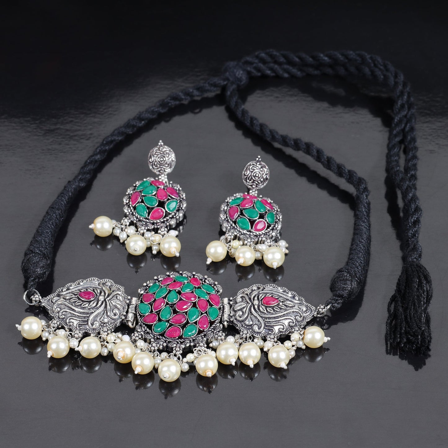 Multicolored Stone studded German Silver Neckpiece set