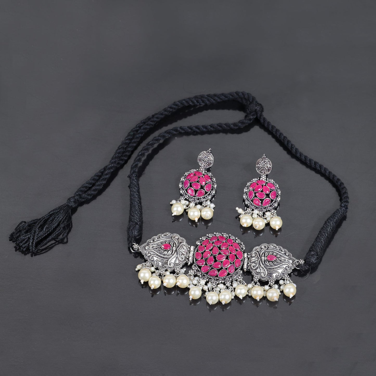 Red Stone studded German Silver Neckpiece set