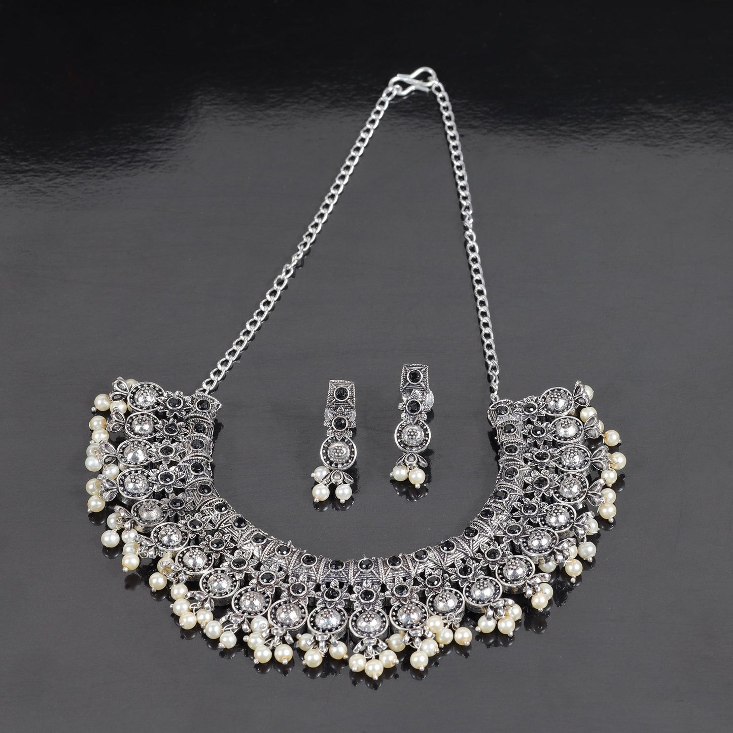 Black Stone studded German Silver Neckpiece set