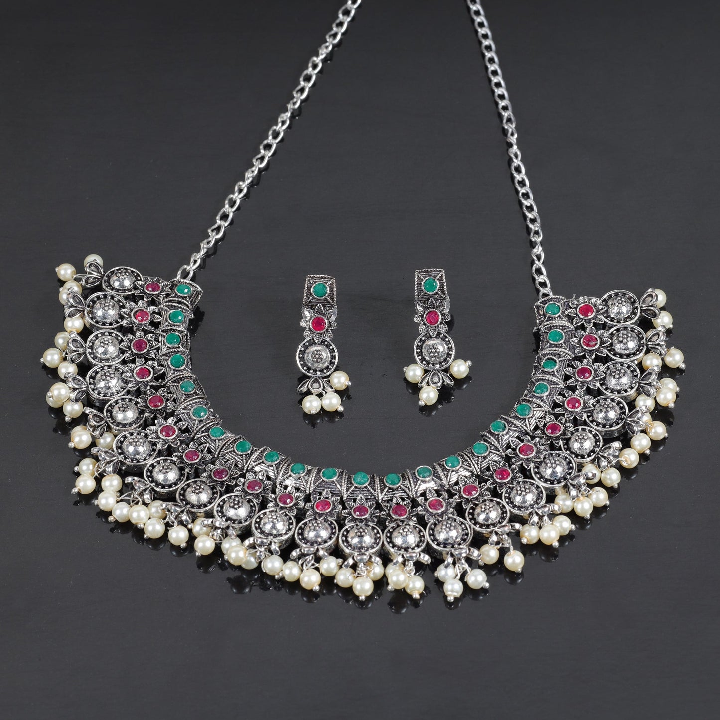 Multicolored Stone studded German Silver Neckpiece set