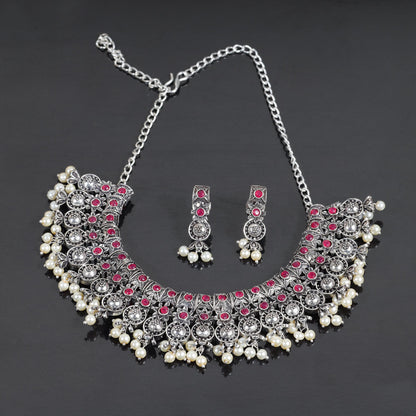 Red Stone studded German Silver Neckpiece set