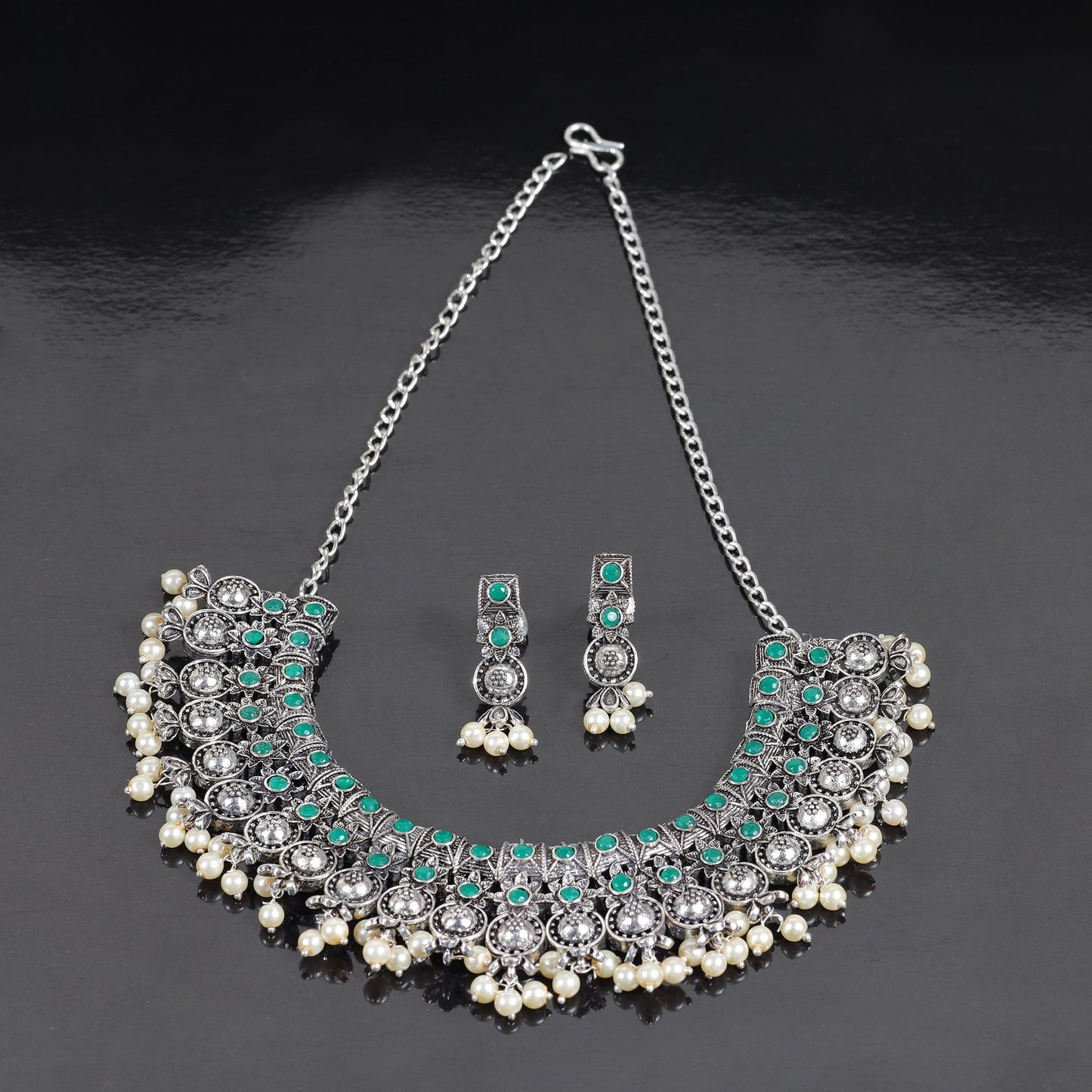 Green Stone studded German Silver Neckpiece set