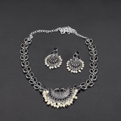 Black Stone studded German Silver Neckpiece set