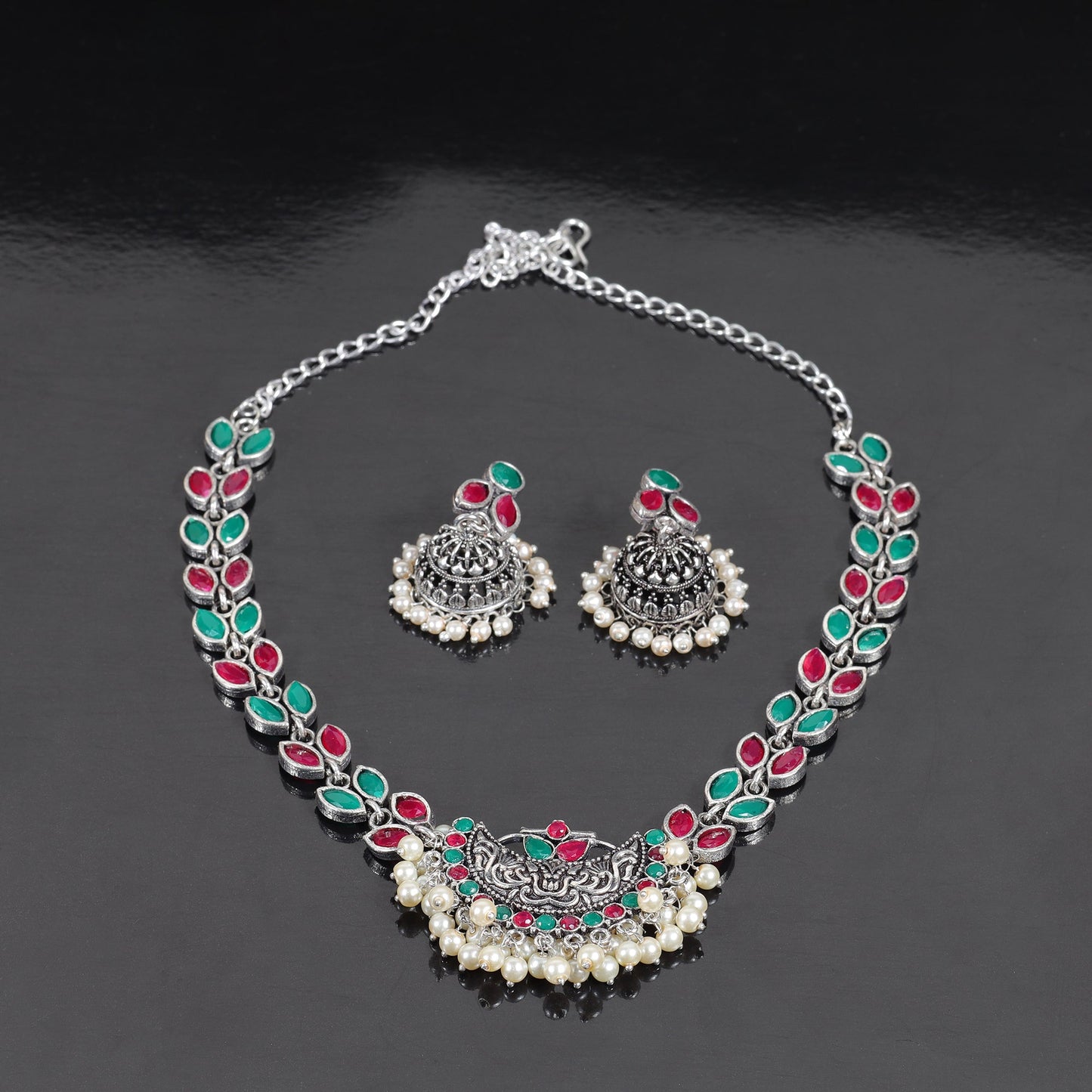 Multicolored Stone studded German Silver Neckpiece set