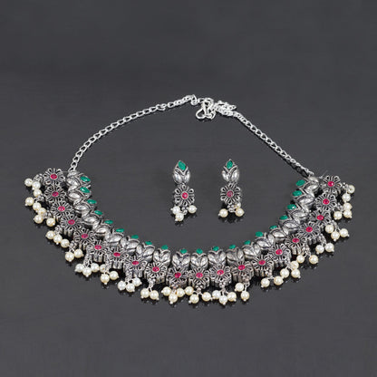 Multicolored Stone studded German Silver Neckpiece set