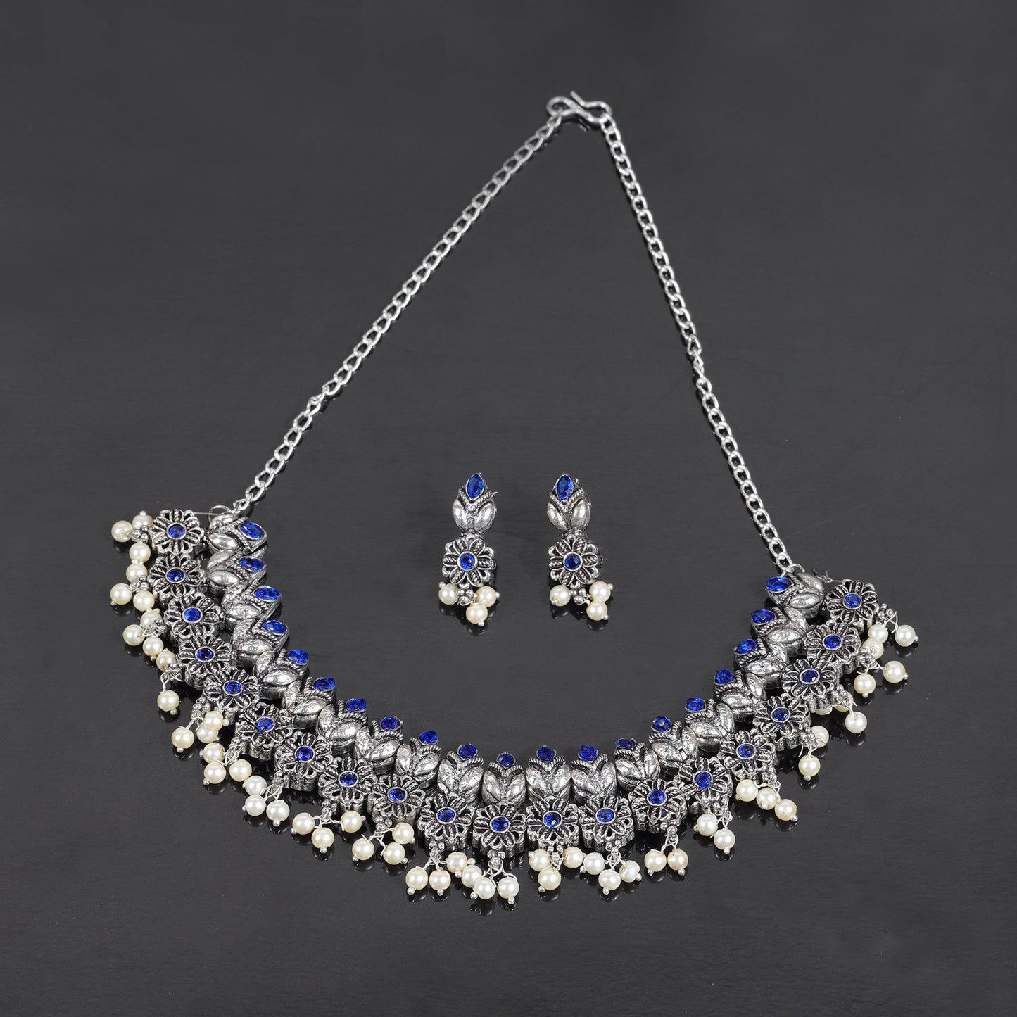 Blue Stone studded German Silver Neckpiece set