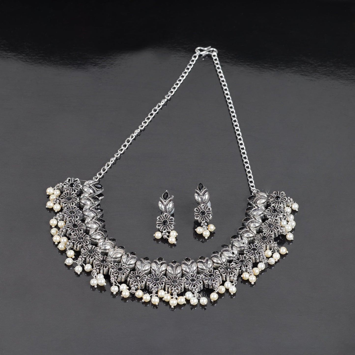 Black Stone studded German Silver Neckpiece set