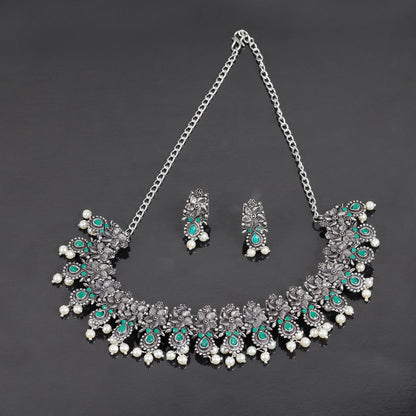 Green Stone studded German Silver Neckpiece set