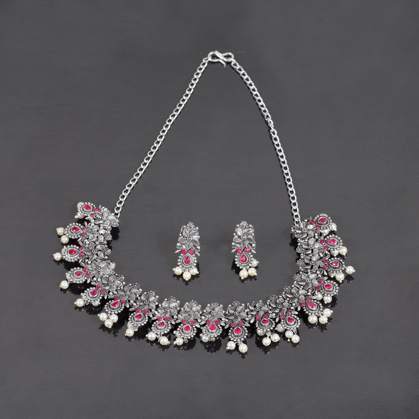 Red Stone studded German Silver Neckpiece set