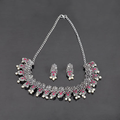 Red Stone studded German Silver Neckpiece set