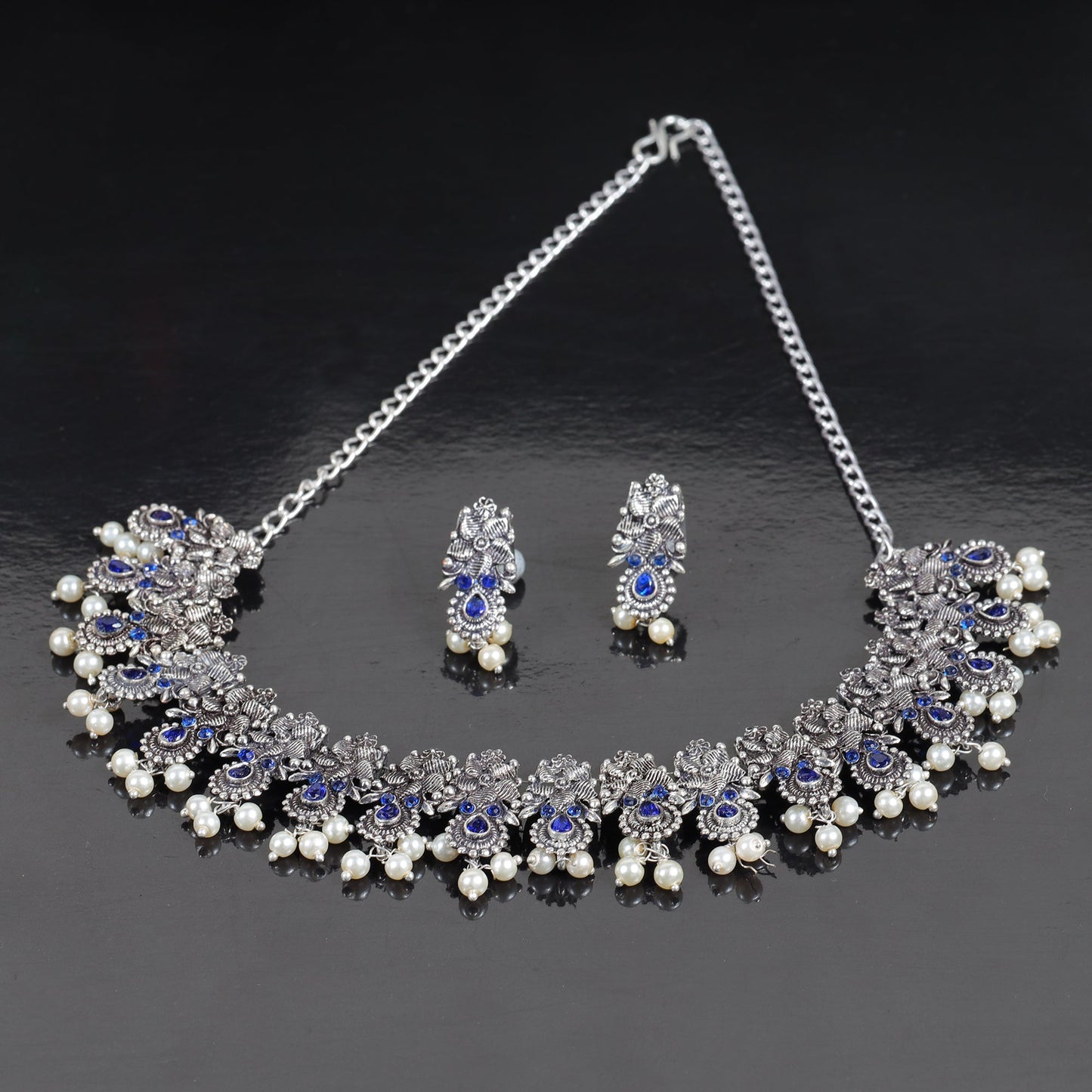 Blue Stone studded German Silver Neckpiece set