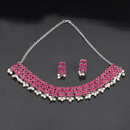 Red Stone studded German Silver Neckpiece set