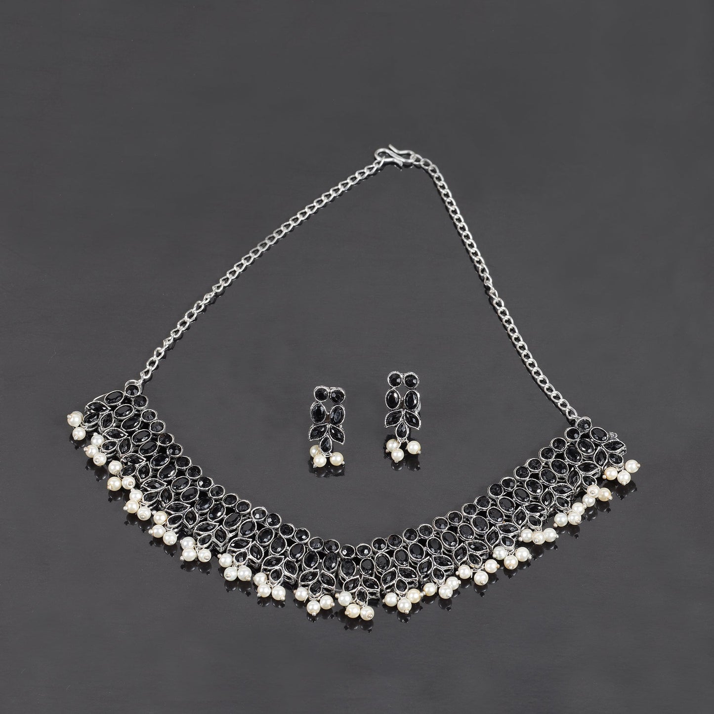 Black Stone studded German Silver Neckpiece set