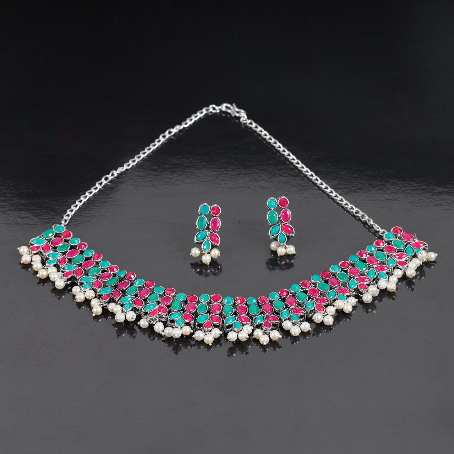 Multicolored Stone studded German Silver Neckpiece set