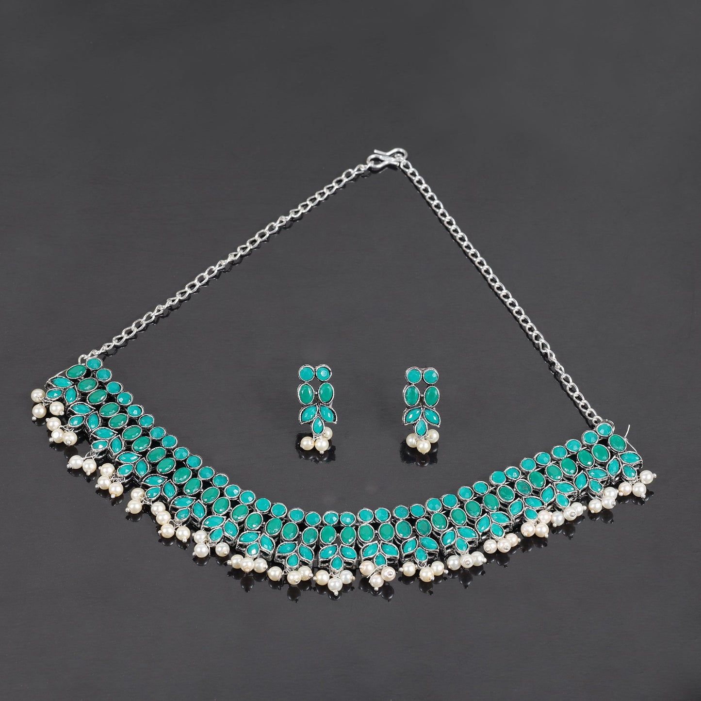 Green Stone studded German Silver Neckpiece set