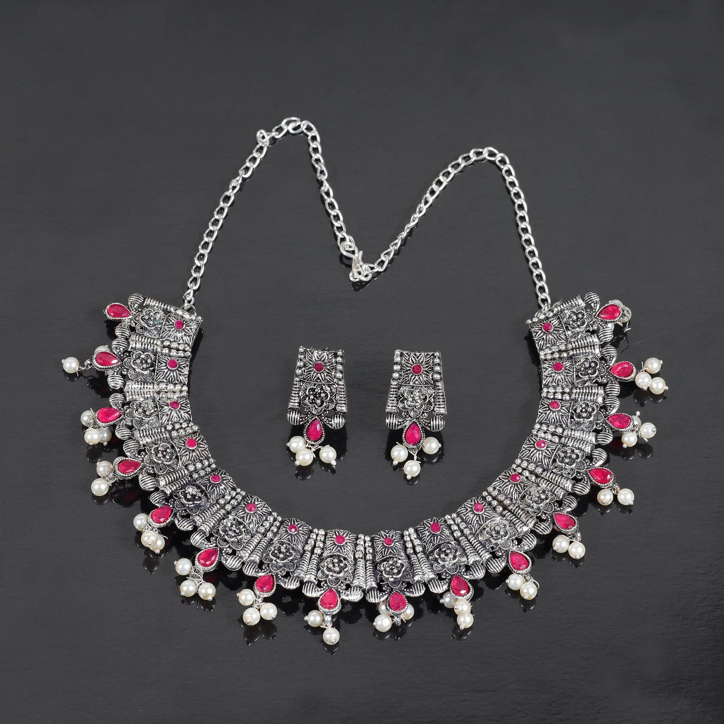 Red Stone studded German Silver Neckpiece set