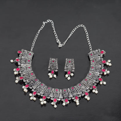 Red Stone studded German Silver Neckpiece set