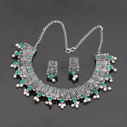 Green Stone studded German Silver Neckpiece set