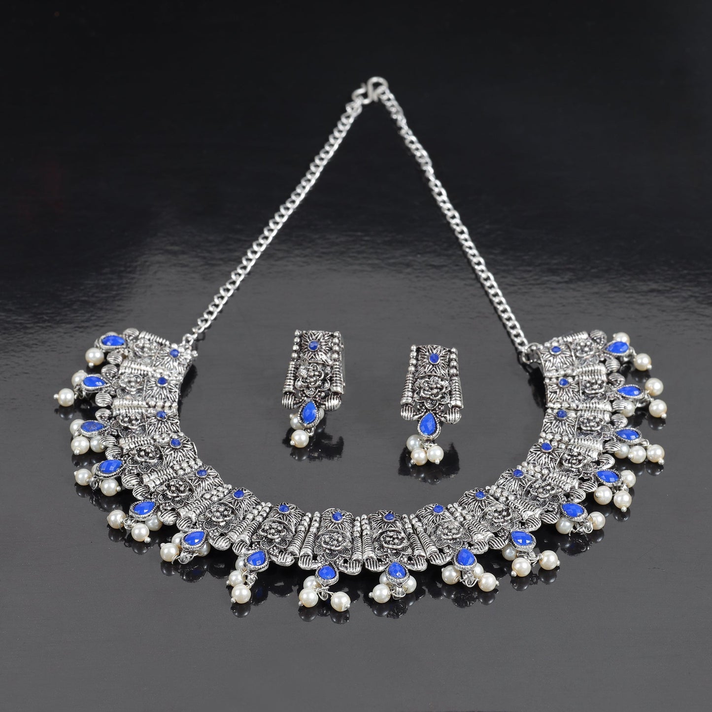 Blue Stone studded German Silver Neckpiece set