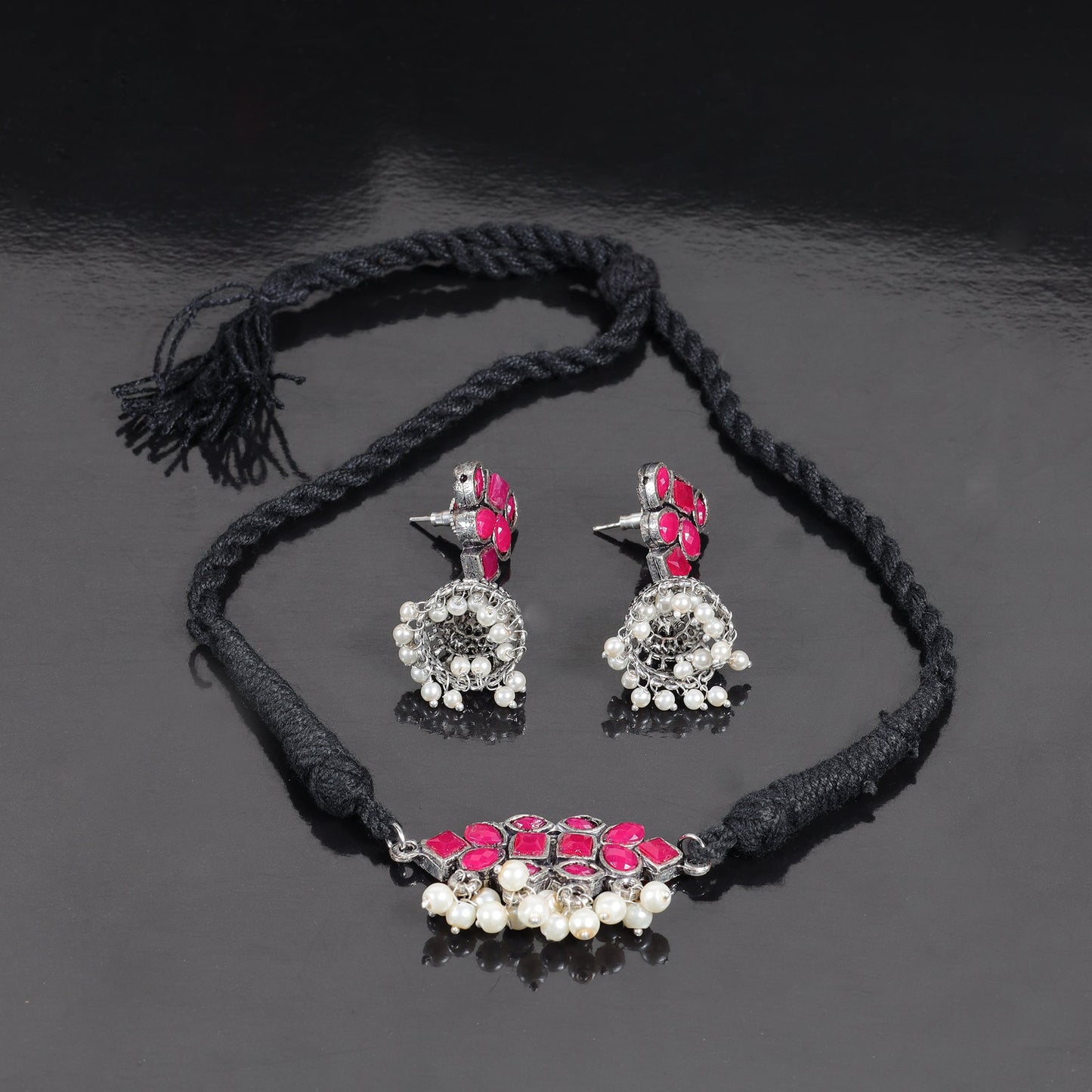 Red Stone studded German Silver Neckpiece set