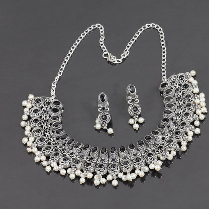 Black Stone studded German Silver Neckpiece set