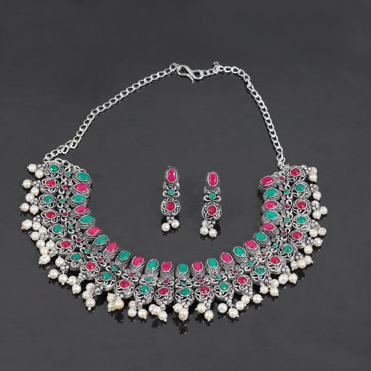 Multicolored Stone studded German Silver Neckpiece set