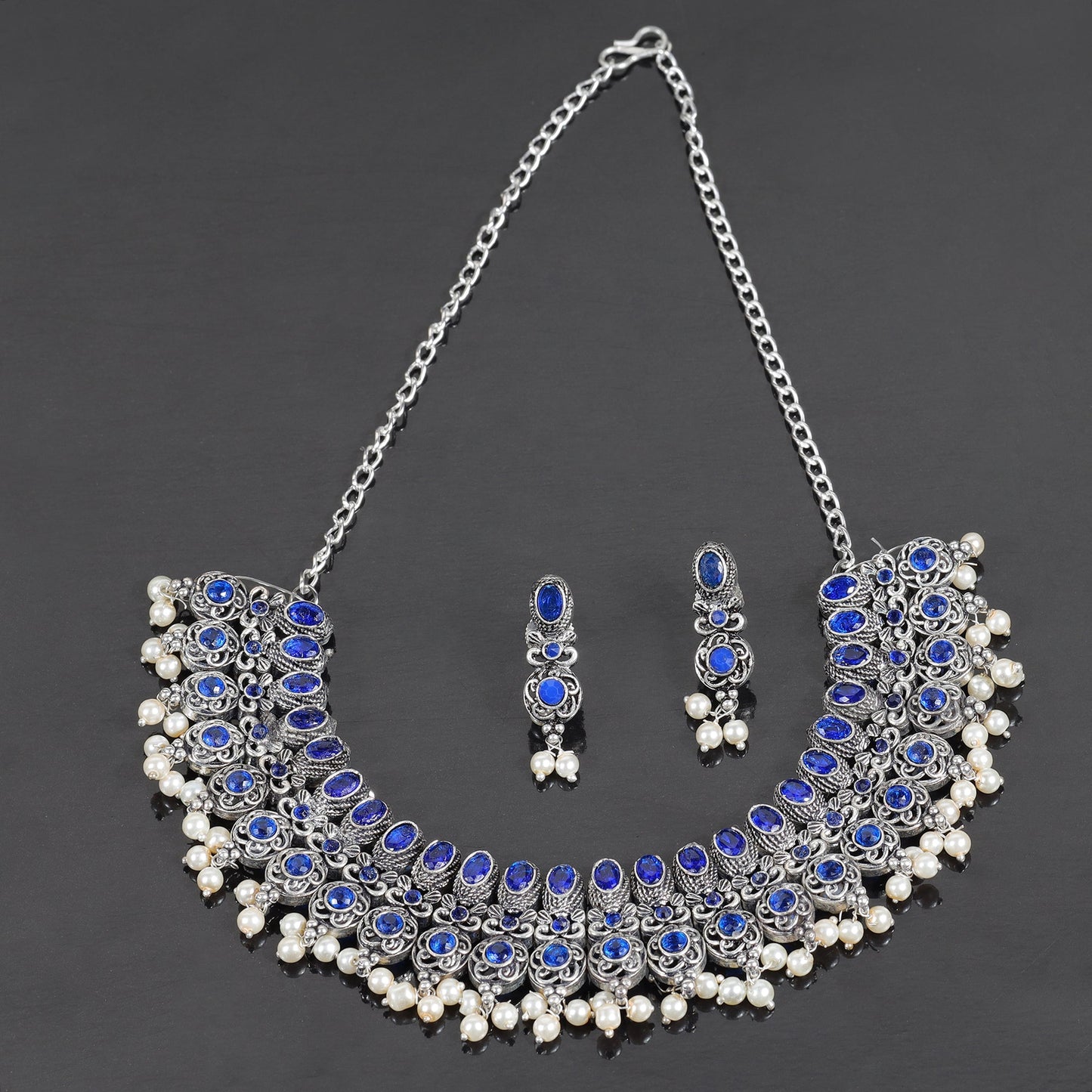 Blue Stone studded German Silver Neckpiece set