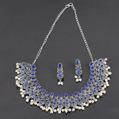 Blue Stone studded German Silver Neckpiece set