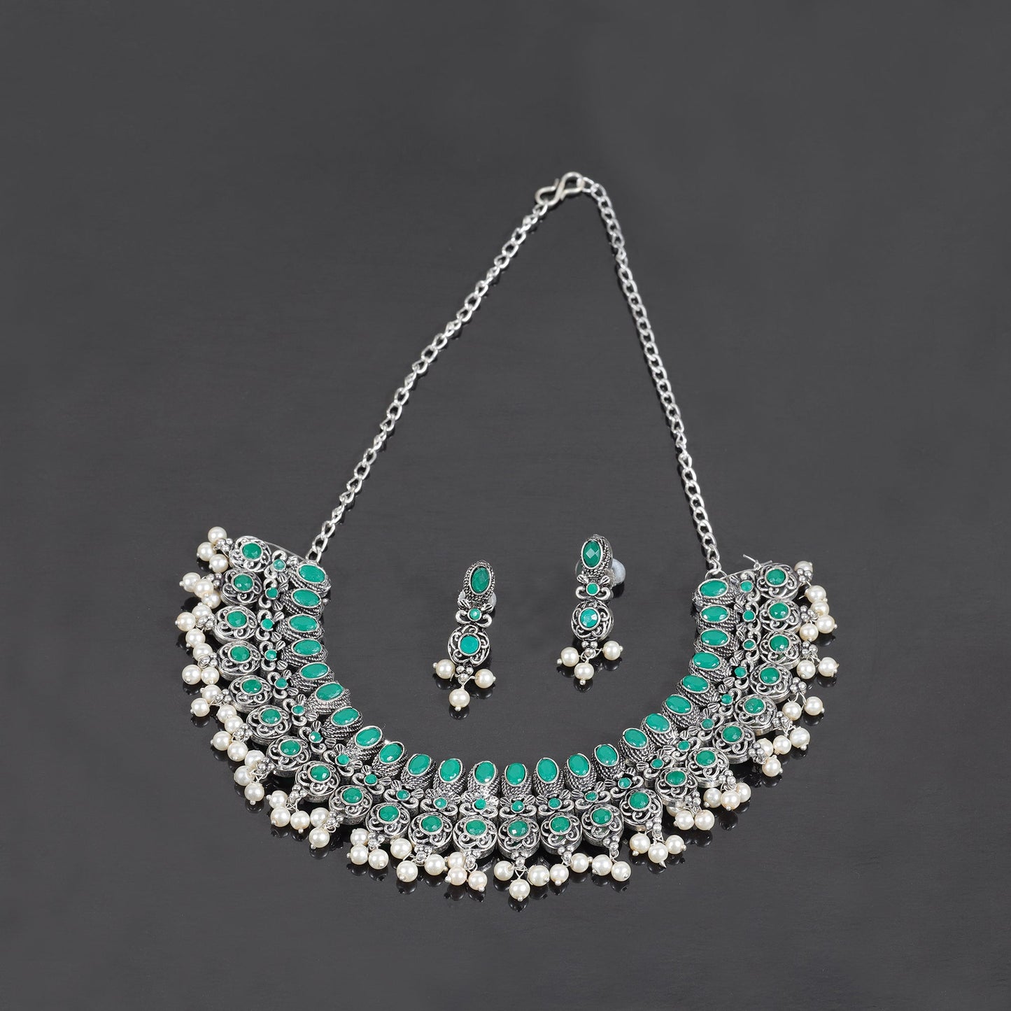 Green Stone studded German Silver Neckpiece set