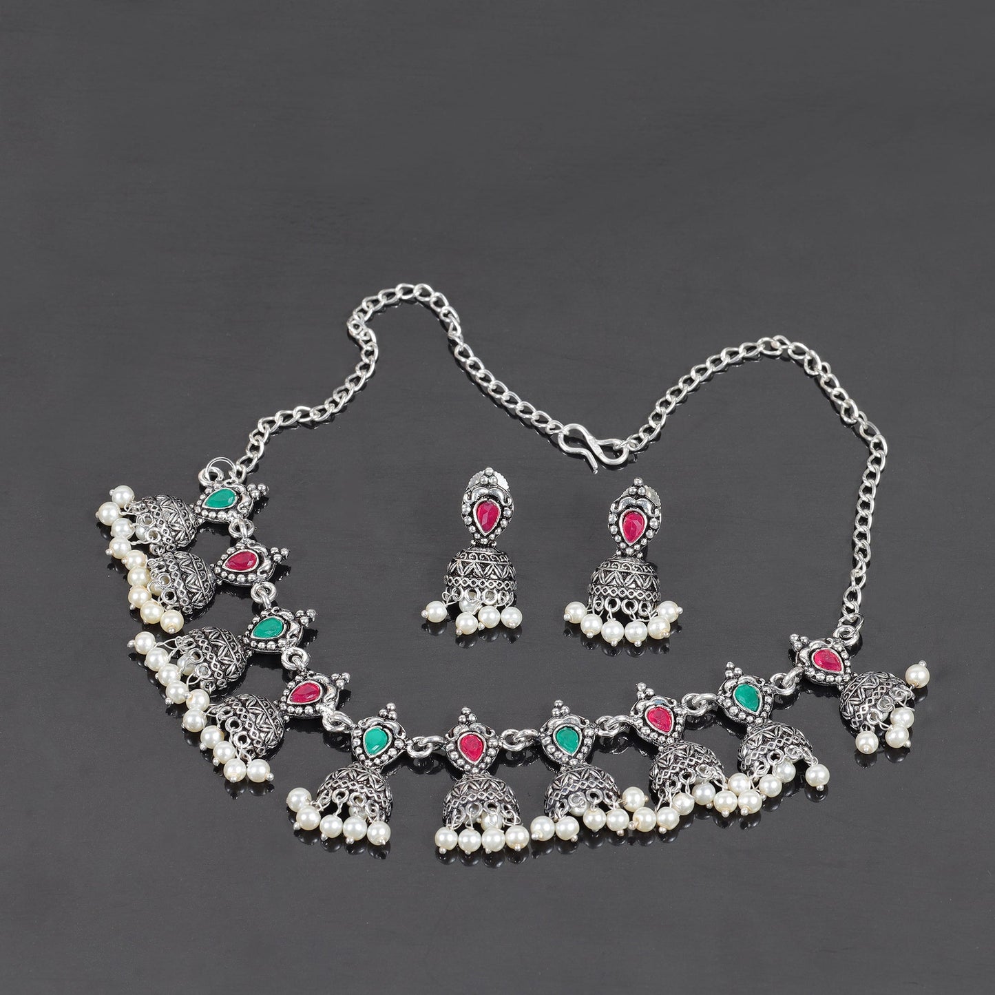 Multicolored Stone studded German Silver Neckpiece set