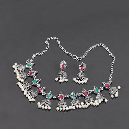 Multicolored Stone studded German Silver Neckpiece set