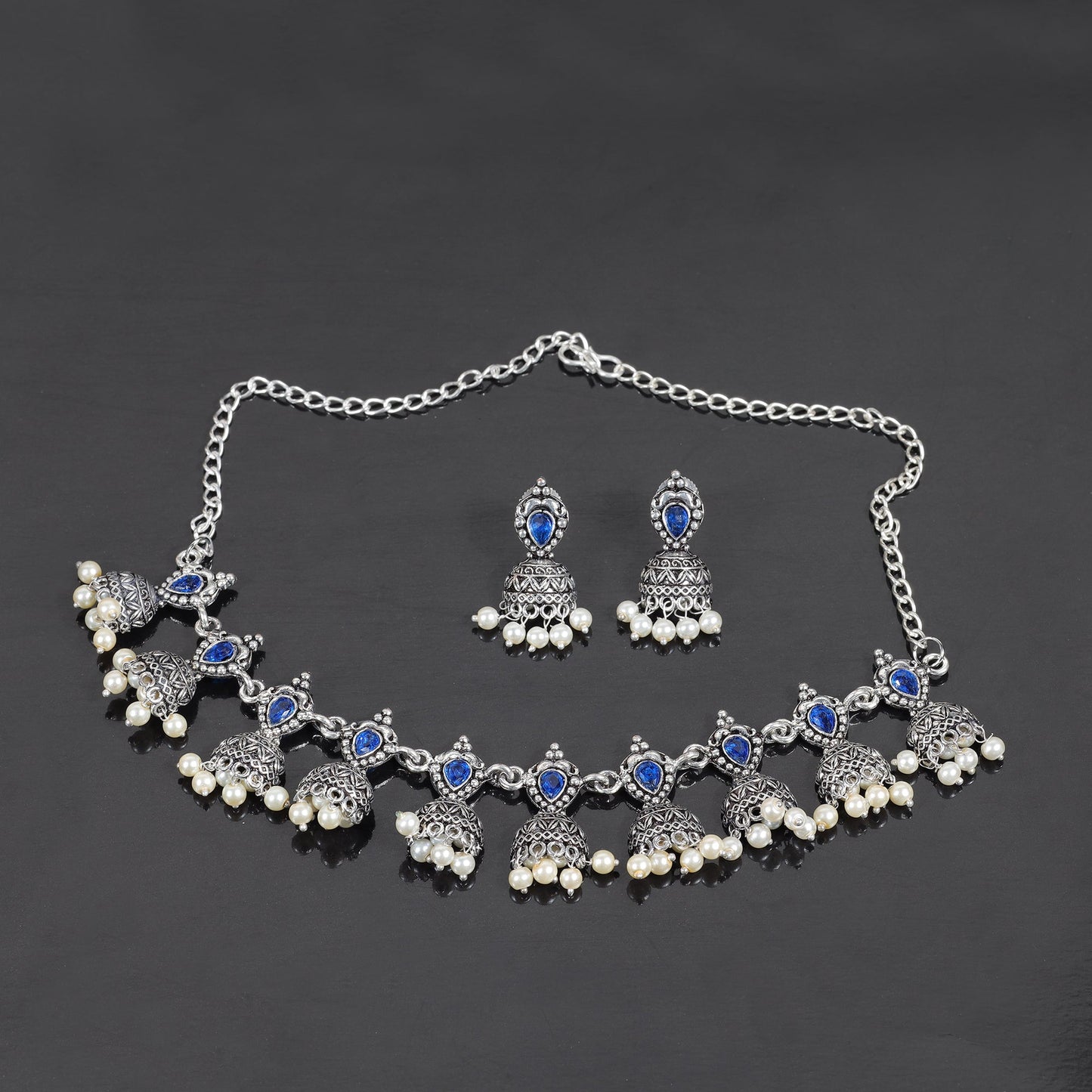 Blue Stone studded German Silver Neckpiece set