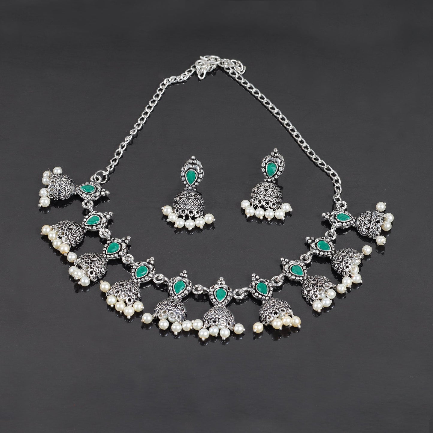 Green Stone studded German Silver Neckpiece set