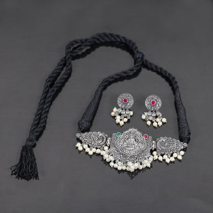 Multicolored Stone studded Laxmi Motif German Silver Neckpiece set