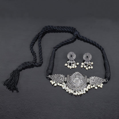 Black Stone studded Laxmi Motif German Silver Neckpiece set