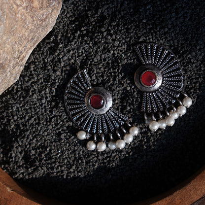 Red Stone Studded Oxidised Earrings With Hanging Pearls