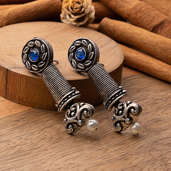 Blue Stone Studded Delicate Oxidised Earrings With Hanging Pearl