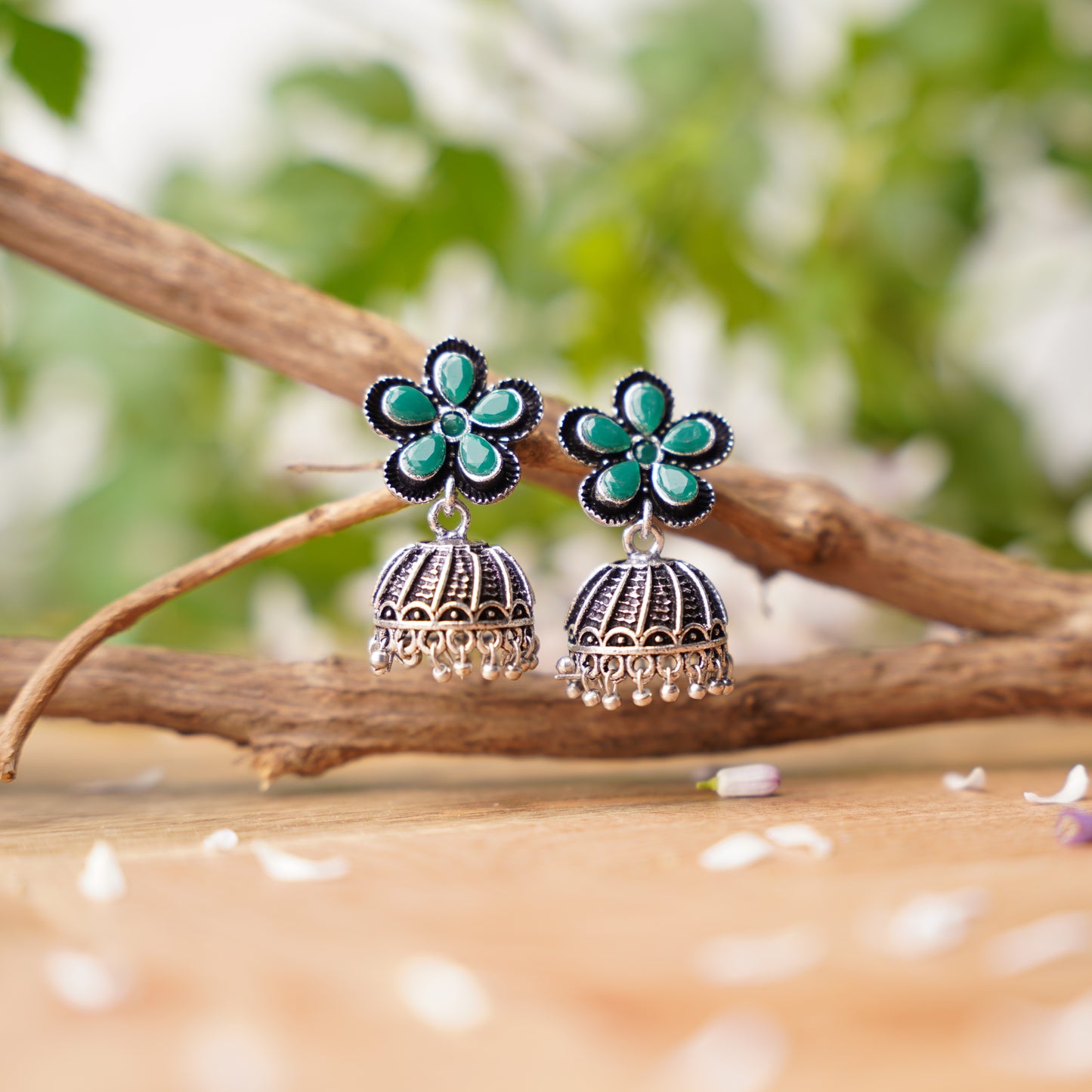 Green Stone Studded Beautiful Oxidised Earrings With Hanging Jhumki