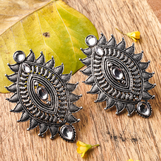 White Stone Studded Oval Shaped Oxidised Earrings