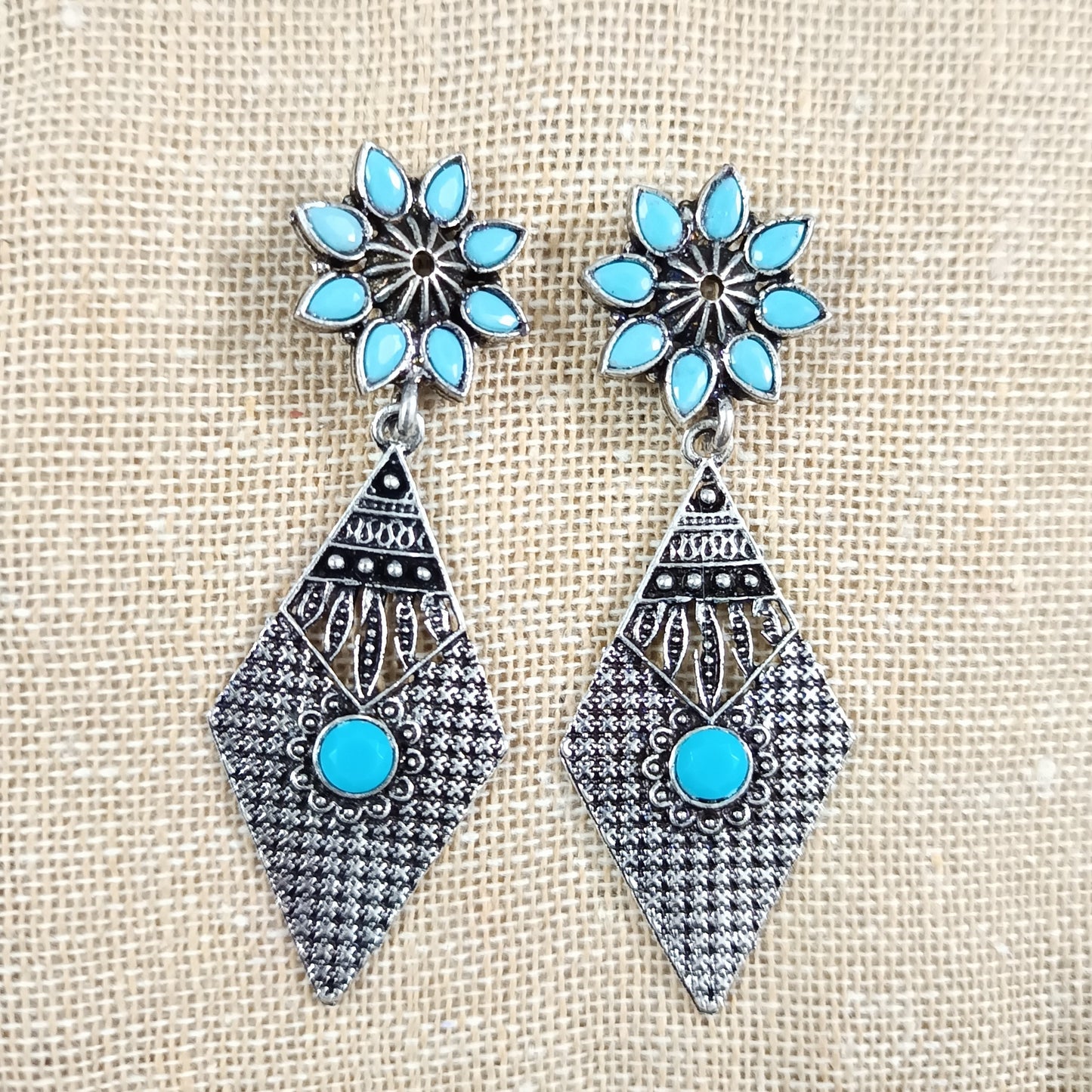 Sky Blue Stone Studded Statement German Silver Dangler Earrings