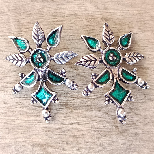 Green Meenakari Oxidised Leaf Earrings