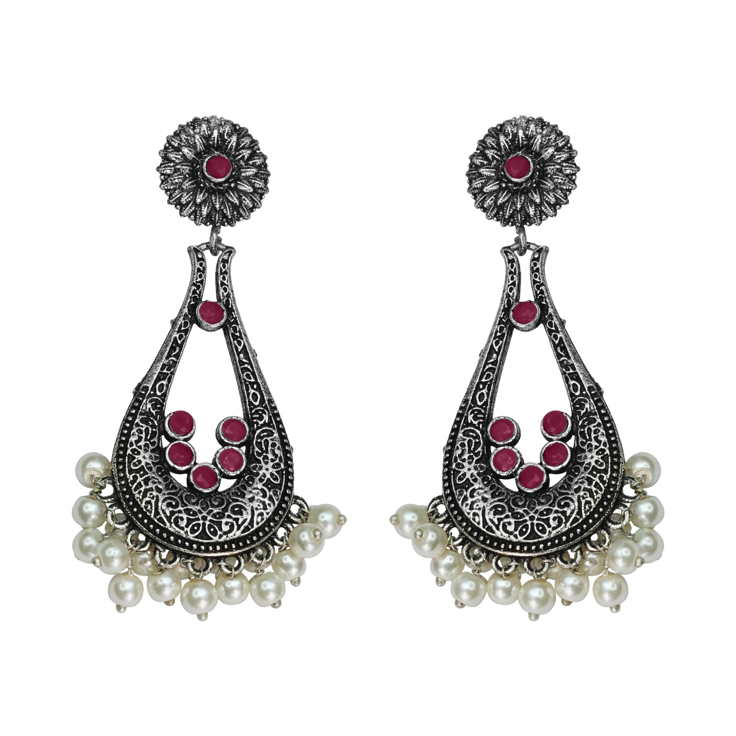 Dark Red Stone Studded Statement Earrings With Hanging Pearls