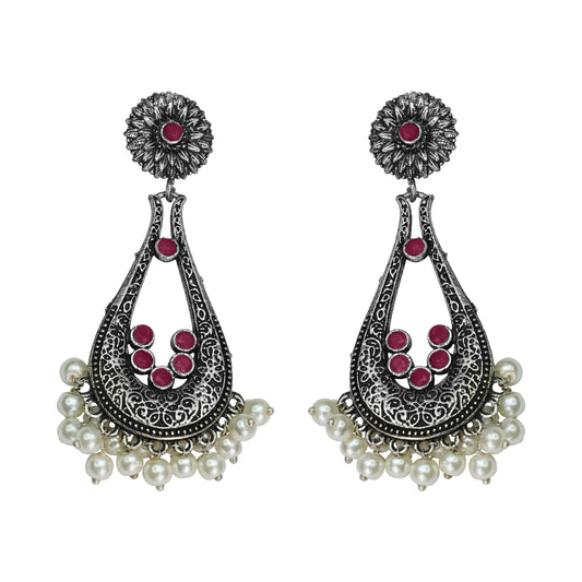 Dark Red Stone Studded Statement Earrings With Hanging Pearls