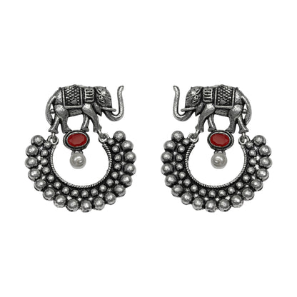 Dark Red Stone Studded Elephant Earrings