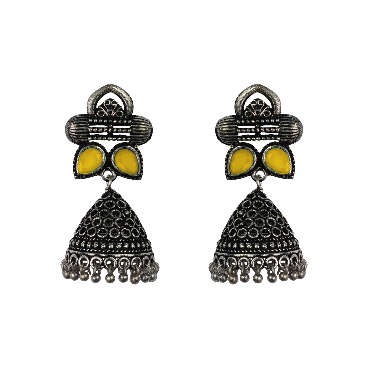 Yellow Stone Studded German Silver Earrings With Brass Jhumki